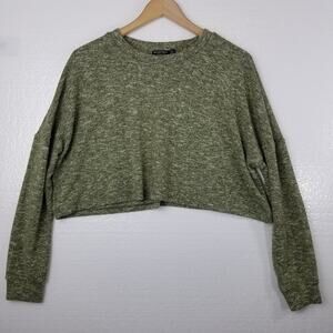 Nasty Gal Womens Top Green Marled Knit LS Cropped Size 4